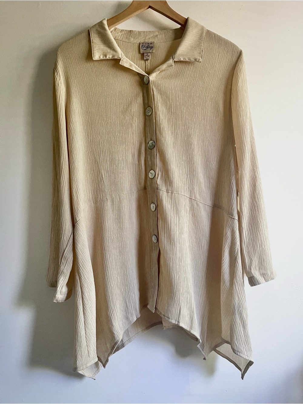 NWT Como Vintage Crinkle Button Front Tunic Shirt Beige Sharkbite Hem Lagenlook